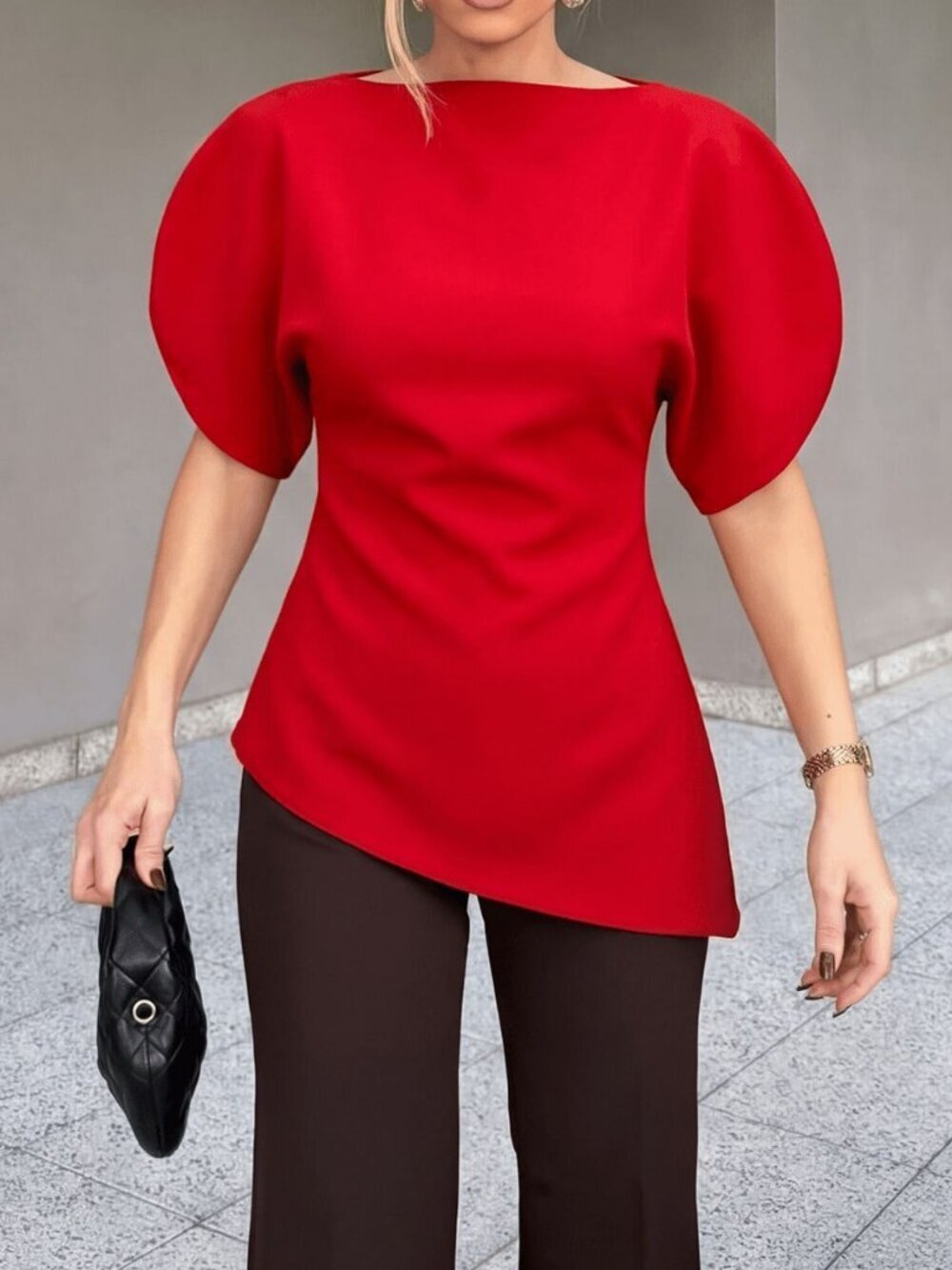 Red Casual Women's Short Sleeve Puff Sleeve Blouse with Asymmetric Hem - Picture 1 of 6